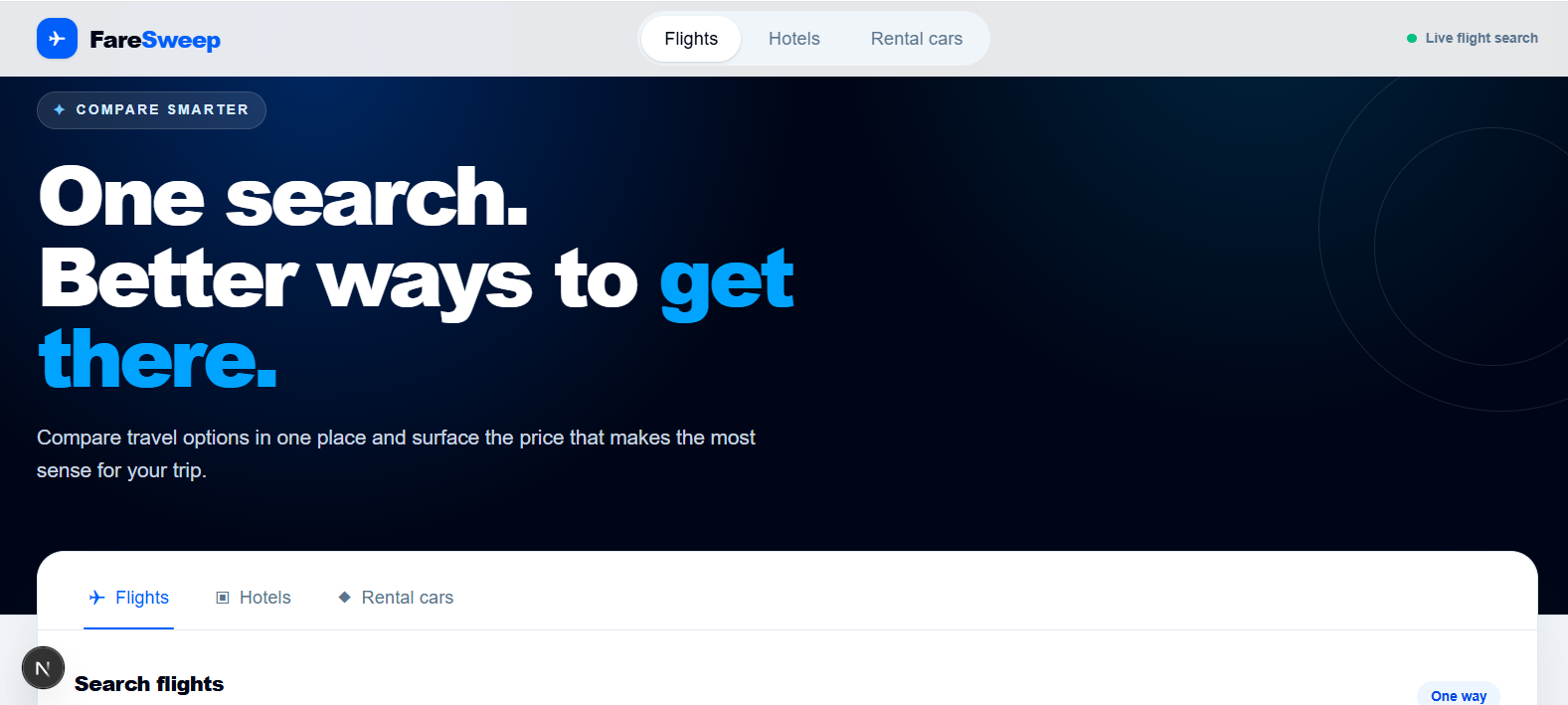 FareSweep travel search homepage
