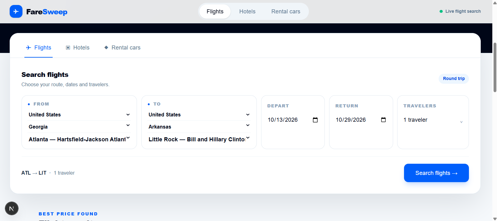 FareSweep flight search form