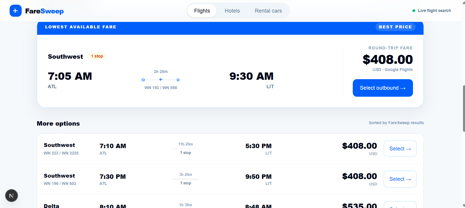 FareSweep live flight results