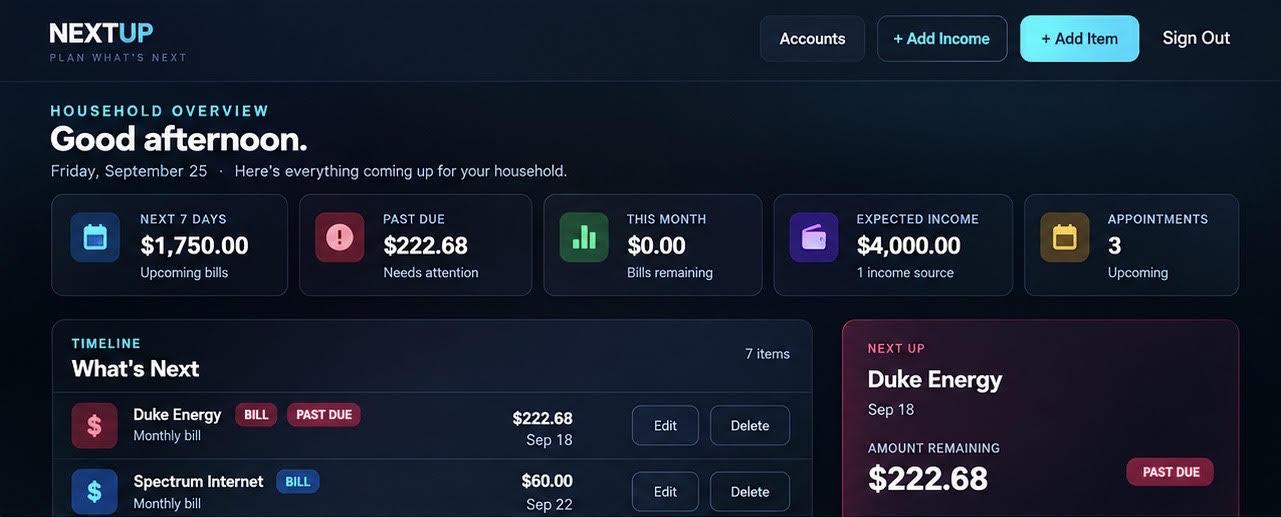 NextUp household dashboard